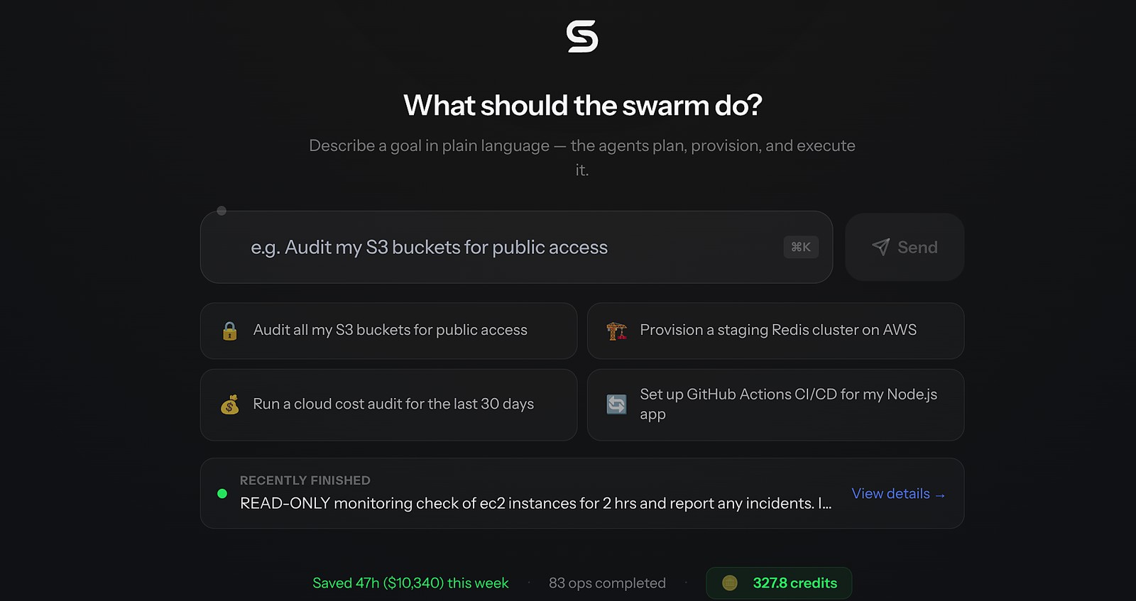 SnapFlow's mission prompt — describe a goal in plain language and the agents plan, provision, and execute it